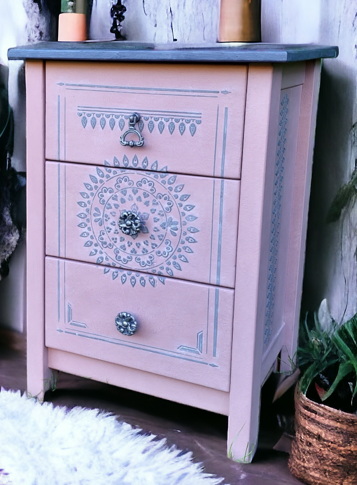 Pair of Bespoke Elegant Pine Bedside Cabinet Table Restored Luxury in Pink & Grey