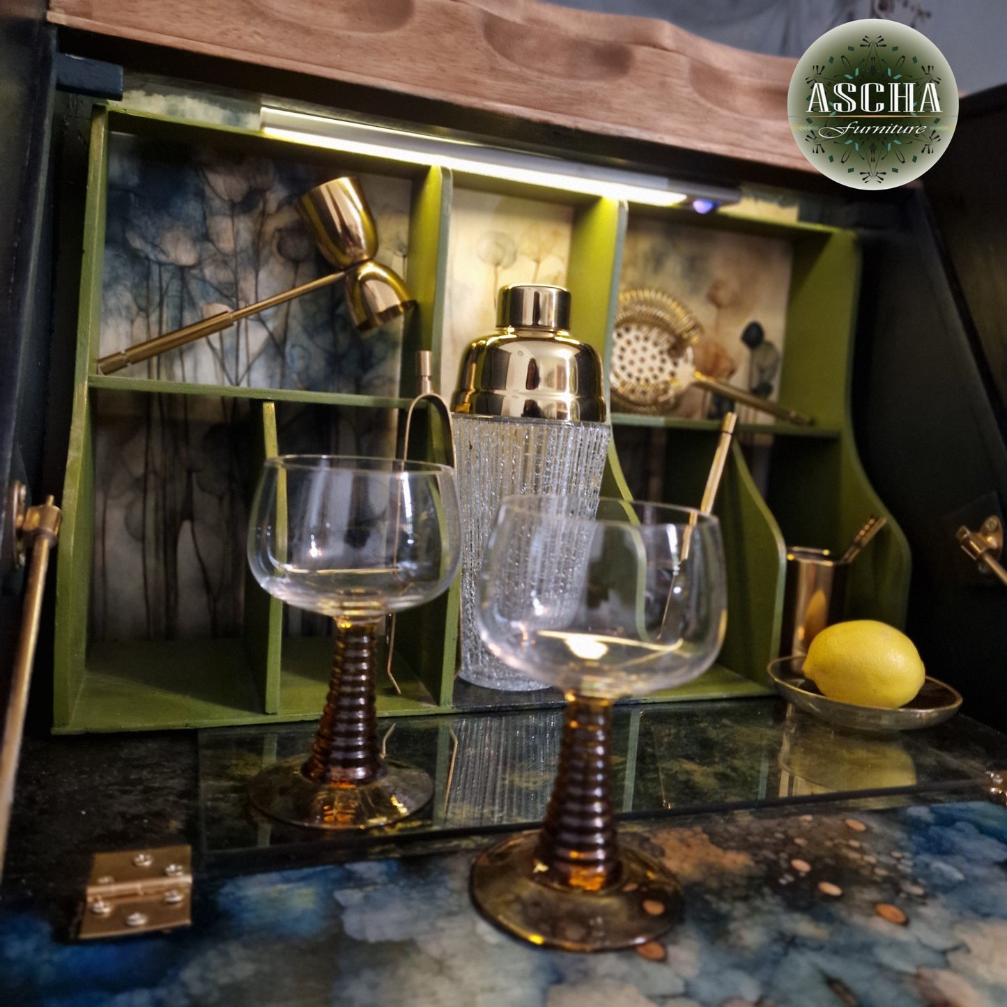 Vintage Art Deco Cocktail  Cabinet Melusine Luxurious Bespoke Handpainted Drink Cabinet ex bureau display cabinet