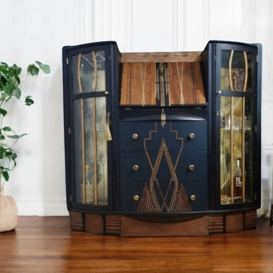Vintage Art Deco Cocktail  Cabinet Melusine Luxurious Bespoke Handpainted Drink Cabinet ex bureau display cabinet