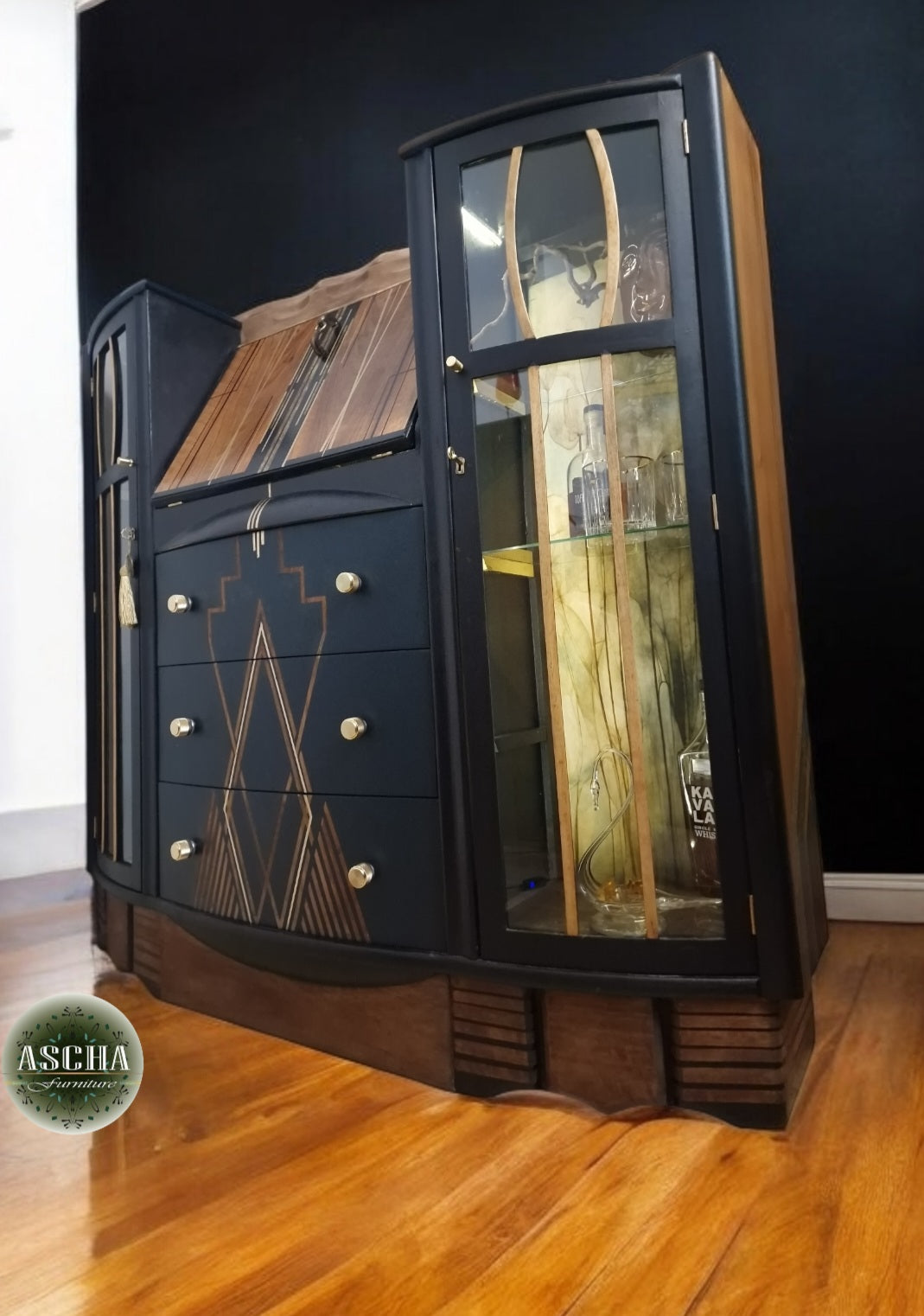 Vintage Art Deco Cocktail  Cabinet Melusine Luxurious Bespoke Handpainted Drink Cabinet ex bureau display cabinet