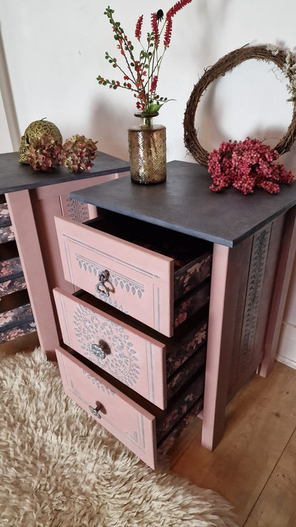 Pair of Bespoke Elegant Pine Bedside Cabinet Table Restored Luxury in Pink & Grey