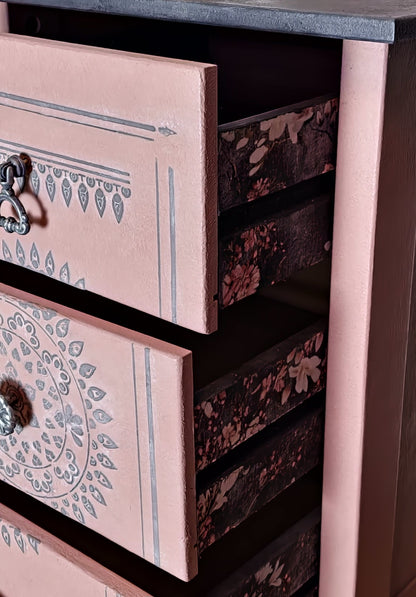 Pair of Bespoke Elegant Pine Bedside Cabinet Table Restored Luxury in Pink & Grey