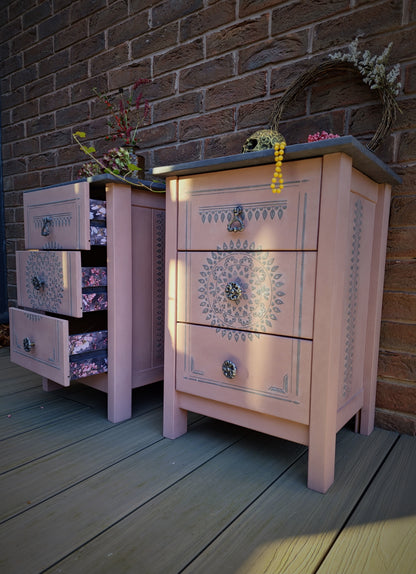Pair of Bespoke Elegant Pine Bedside Cabinet Table Restored Luxury in Pink & Grey