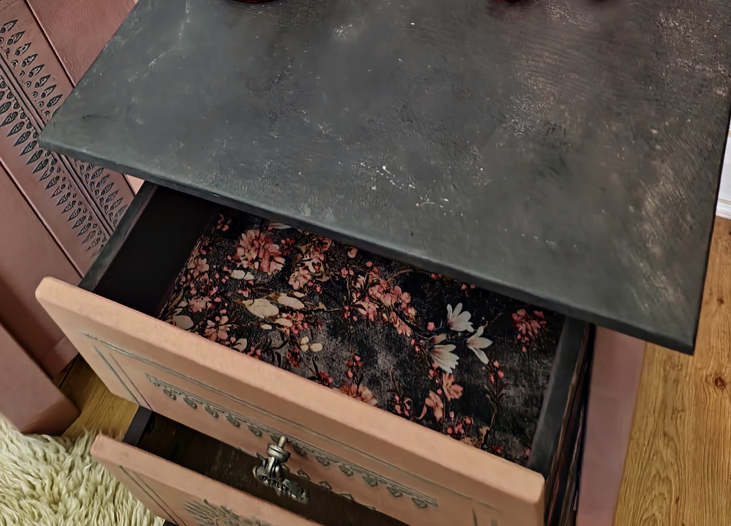 Pair of Bespoke Elegant Pine Bedside Cabinet Table Restored Luxury in Pink & Grey